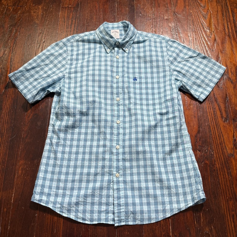 Brooks Brothers Shirt Mens M‎ Blue Plaid Regent Fit Short Sleeve Button Down